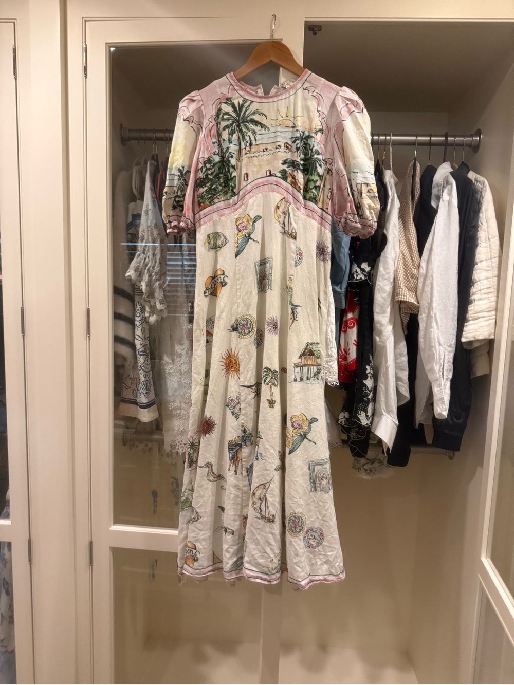 Alemais | Cream Midi Dress with Pastel Pink Trim and Tropical Print - sz 6 (us) - Picture 10 of 11